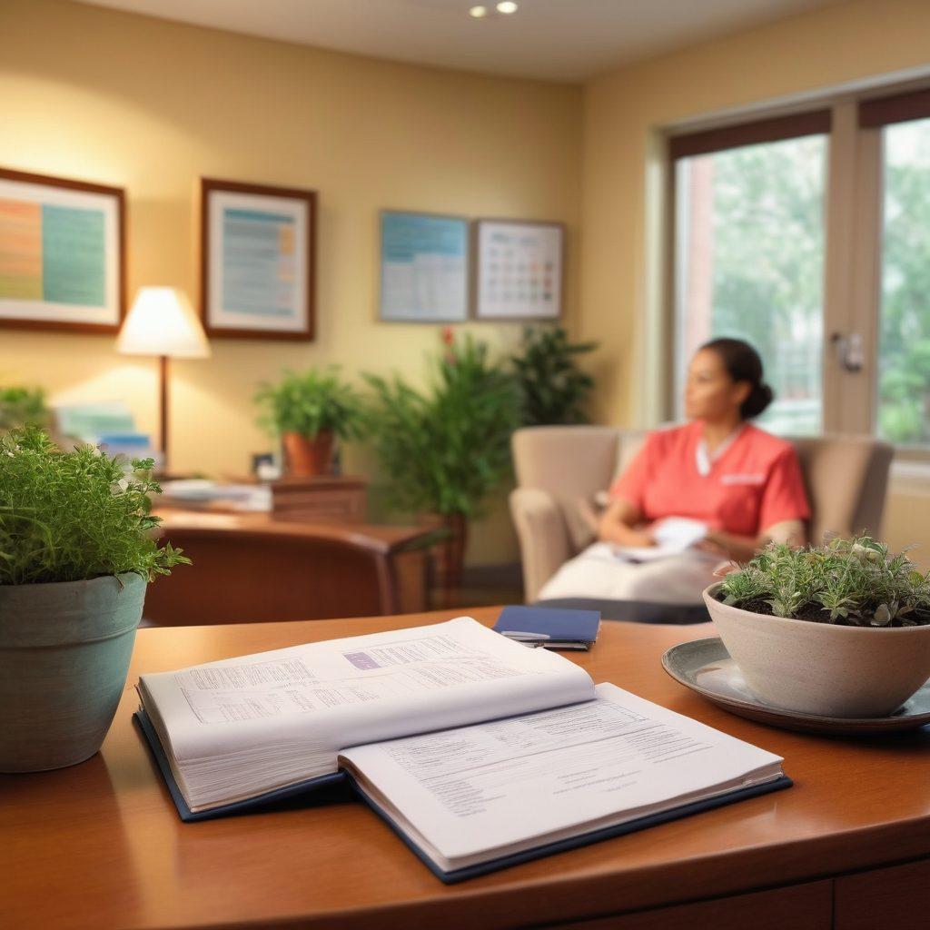 A serene scene depicting a compassionate nurse speaking with an oncology patient in a cozy consultation room, filled with medical books and wellness plants. In the background, a pie chart and financial graphs symbolize investment strategies aiding health journeys. Soft, warm lighting enhances the comforting atmosphere. super-realistic. vibrant colors. soft focus.