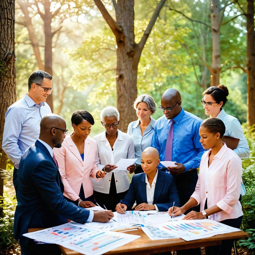 A serene scene depicting a diverse group of cancer survivors and financial advisors collaborating over charts and graphs, symbolizing hope and recovery. In the background, soft sunlight filters through trees, representing growth and healing, while a subtle balance scale blends themes of health and finance. The atmosphere is warm and inviting, conveying optimism and empowerment. painting. soft colors.