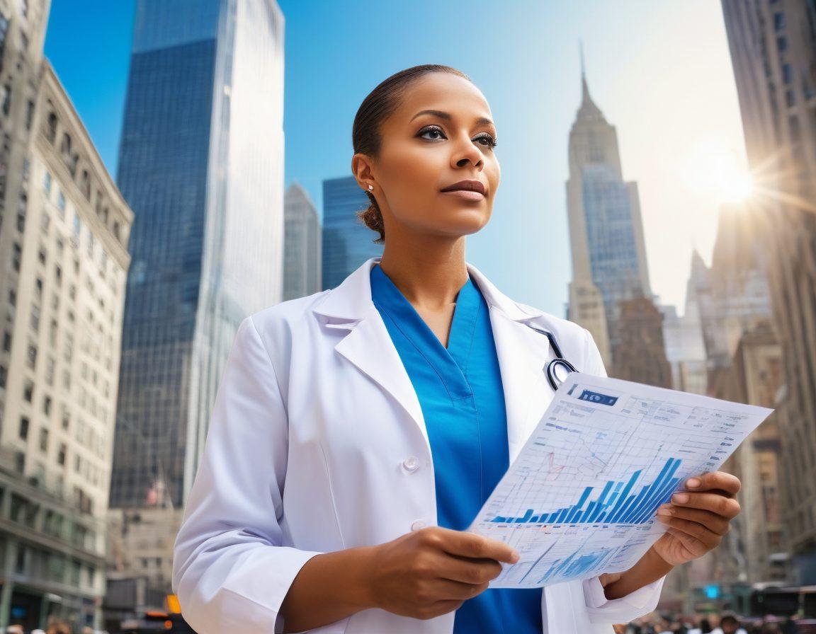 A resilient cancer survivor standing confidently in a bustling financial district, holding a graph with rising stock trends. Surround them with microscopic views of cells, symbolizing the journey from clinical trials to financial success. Incorporate elements like a stethoscope and dollar bills blending into a city skyline in the background. Illustrate hope and determination with warm colors and a bright blue sky. super-realistic. vibrant colors.